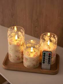 3 pièces Bougies sans flamme roses, bougies à LED clignotantes à piles à thème de l'amour en acrylique avec télécommande, autocollants de fleurs roses, bougies de colonne réalistes, convenant à la chambre, à la décoration d'intérieur, à la décoration de table à manger