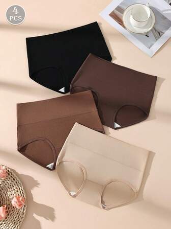 4条装女士高腰纯色棉质三角裤，休闲舒适简约弹力贴身内裤