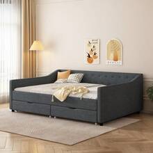 Recommend-Full Size Daybed With Drawers Upholstered Tufted Sofa Bed, With Button On Back And Piping On Waved Shape Arms-Dark Grey-TRHSVA - Multicolor - View 7
