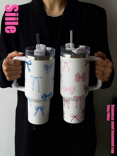 1pc Romantic Bow Decor 40oz/14oz Large Capacity Handled Tumbler, Insulated Stainless Steel Vacuum Cup, Suitable For Travel, School, Office, Outdoor, Gym, Home And More, Gift For Women & Teens, Holiday & Birthday Gift (With Straw)