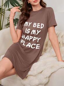 睡裙 - 标语印花睡裙 - 短袖，圆领，休闲 - 睡衣，家居服 - 女士 - 舒适，时尚 - 时尚睡眠，舒适入梦 - 紫紅色 - 查看 2