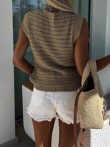 Solid Color Ribbed Hollow Out Crew Neck Pullover Knit Sweater Vest Summer - Khaki - View 2