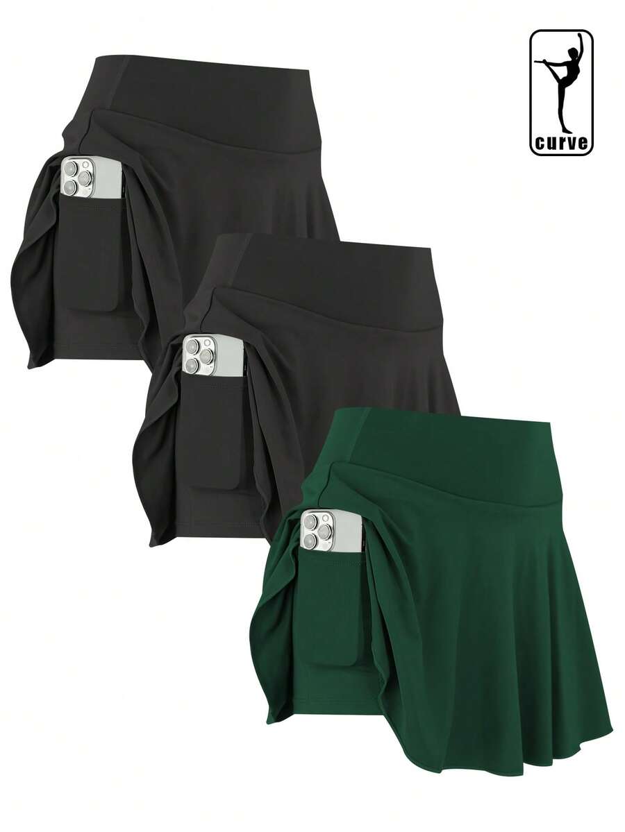 3pcs/Set Women Plus Size Sports Skirt, High Waist Elastic Exercise Running Golf Tennis Skirt, Fitted Fashionable Slimming With Pockets