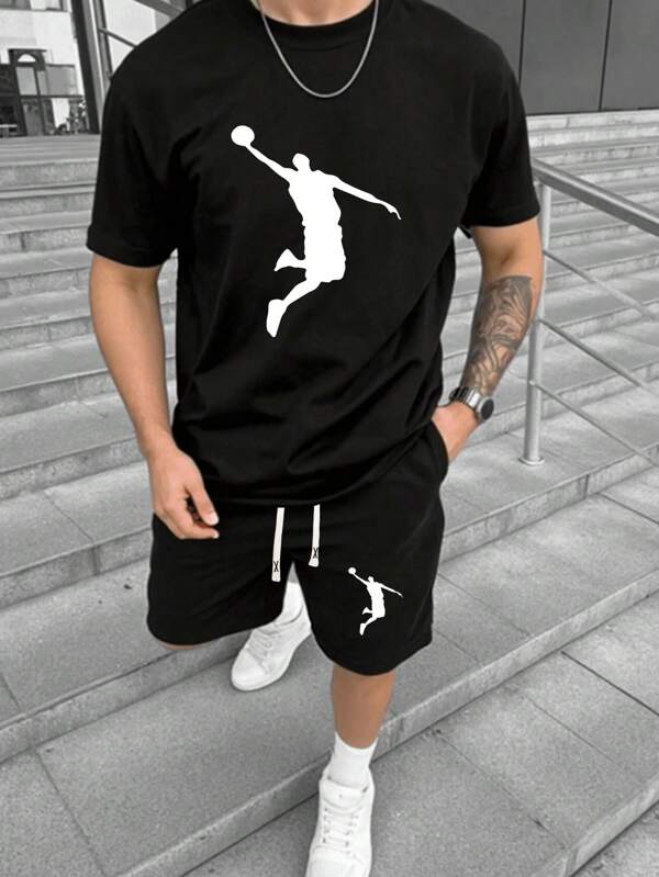 Herren Sommer Kurzarm T-Shirt und Shorts Set mit personalisiertem bedrucktem Muster, Mode Lässig Outfit mit Taschen und Kordelzug Taille, geeignet für Pendeln, Streetwear, Geschenke für Ehemann/Freund