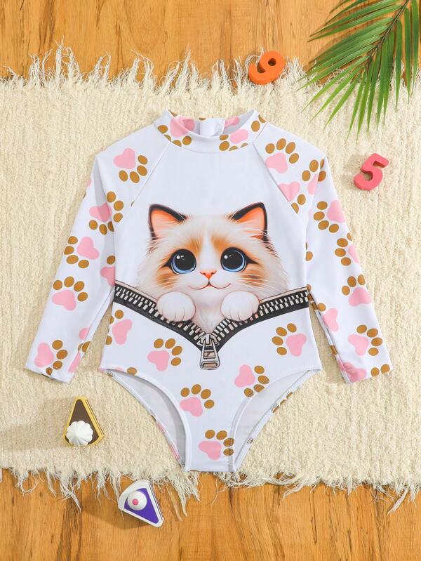 Young Girl Cute Cartoon Cat Print Long Sleeve Zipper One-Piece Swimsuit