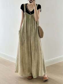 休闲度假通勤日常百搭纽扣口袋设计简约吊带阔腿连体裤女 - 彩色 - 查看 4