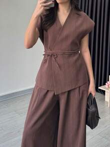 1 Set Solid Color Casual Elegant Cross Pocket Women Pants Suits, Office/Formal/Dinner Wear, Spring/Summer - Mocha Brown - View 3