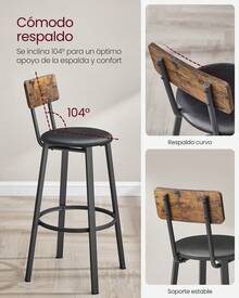 aburetes de Bar, Juego de 2 Taburetes de Barra, Tapizados de PU, Taburete Alto con Reposapiés, Montaje Simple, Industrial, para Cocina, Comedor, Marrón Rústico y Negro Tinta - Marrón - Ver 3