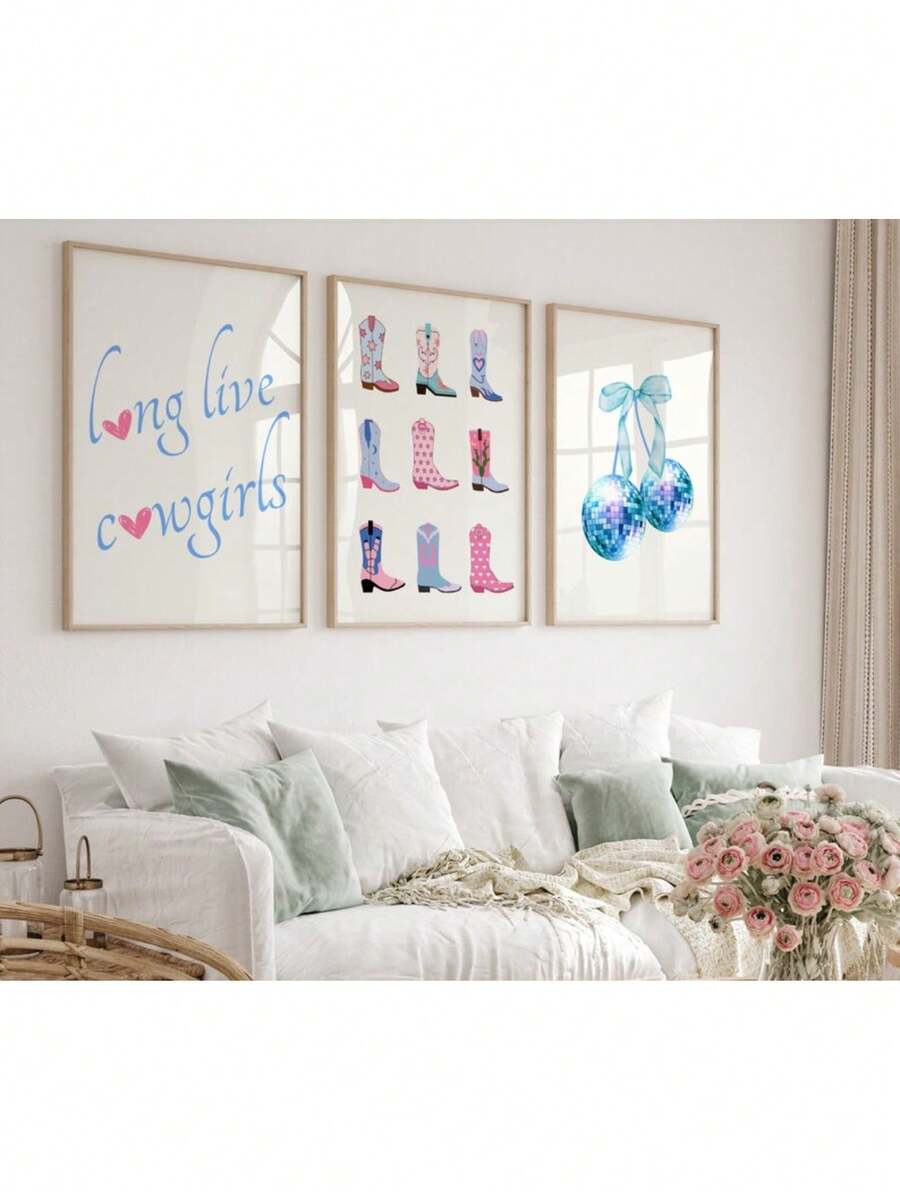 Long Live Cowgirls Set Of 3- Coastal Cowgirl Boots Print- Costal Cowgirl Wall Art- Preppy Coastal Aesthetic- Disco Ball Print Canvas Painting Posters And Prints Wall Art Pictures For Living Room Decoration Optional Frame ,Wall Art With Frame