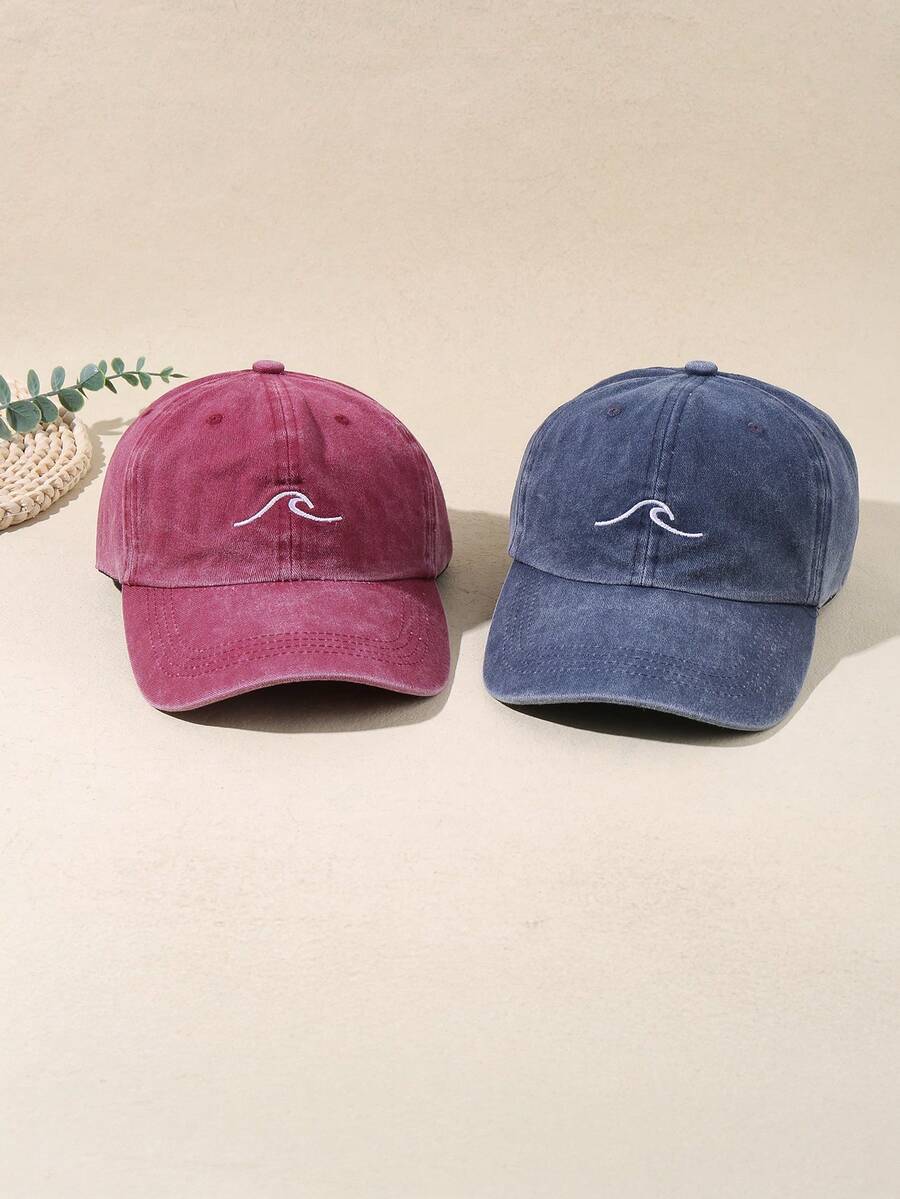 1/2pcs Unisex Distressed Wavy Embroidery Baseball Cap, Adjustable Casual Sun Protection Hat Suitable For Spring/Autumn Travel, Beach Gathering - Multicolor - View 1