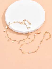 A Set Of 2 Pieces Random Faux Pearl Star Rhinestone Anklets - Yellow Gold - View 2
