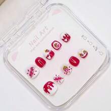 Kids Handmade Strawberry Nail Art Stickers, Hand-Painted Cute Cartoon Nail Strips, Short Style For Kids, S/M/L Size