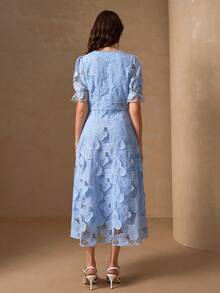 Elegant V-Neck High-End Embroidered Fabric A-Line Luxury Fashion Dress For Women - Blue - View 2