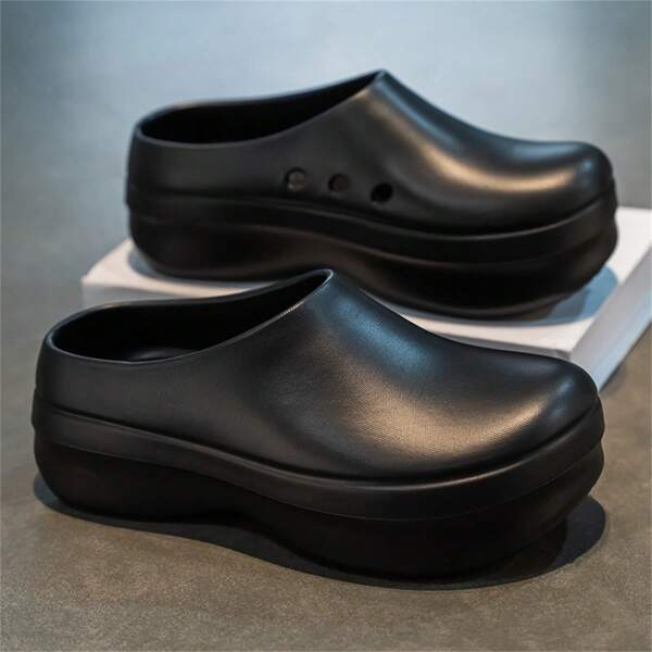 Zuecos de chef para hombres con cierre, punta cerrada, respirables, antideslizantes, cómodos, de fácil deslizamiento, funcionales para la cocina, ligeros, flexibles, para el verano, zapatos de trabajo de moda negro para tallas grandes