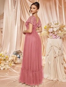 MIUSOL 优雅深 V 领亮片蕾丝网眼荷叶边袖晚会长裙，适合婚礼宾客、毕业典礼、返校节 - 藕粉色 - 查看 2