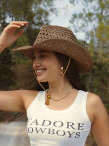 1 件女士米色蕾丝草帽，西部牛仔风格，透气防晒，配有风绳，适合海滩、度假和日常佩戴 - 米色 - 查看 7