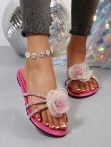 French Flat Flower Slip-On Slippers For Women, Summer Casual Wear, New Design, Fashionable For Outings, Dating, Shopping, Party - Hot Pink - View 4