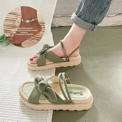 Sandalias deslizantes con decoración de moño para mujer, Zapato de plataforma de cuña, zapatos planos de verano casuales de punta abierta, zapatos ligeros para la playa, para el Día de los Enamorados