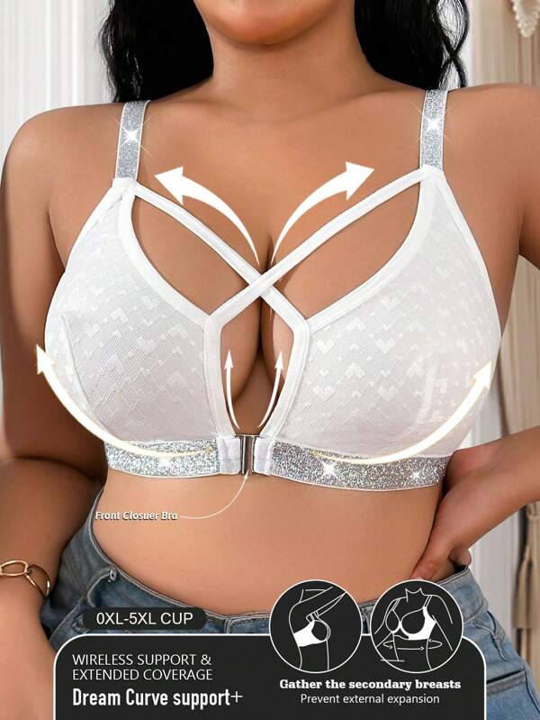 1pc Solid Color Casual Silver Strap, Comfortable Minimalist Lace Patchwork, Sexy Knit Material Front Closure Plus Size Women Bralette