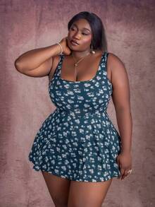 CurvyTilda Tildaharris Plus Size Women Ditsy Floral Romper With Pockets, For Hourglass Body Shape - Dark Green - View 6