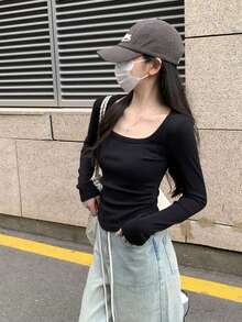 Women Square Neck Pullover T-Shirt, Wrinkle Design Fitted Short Crop Top - Black - View 3