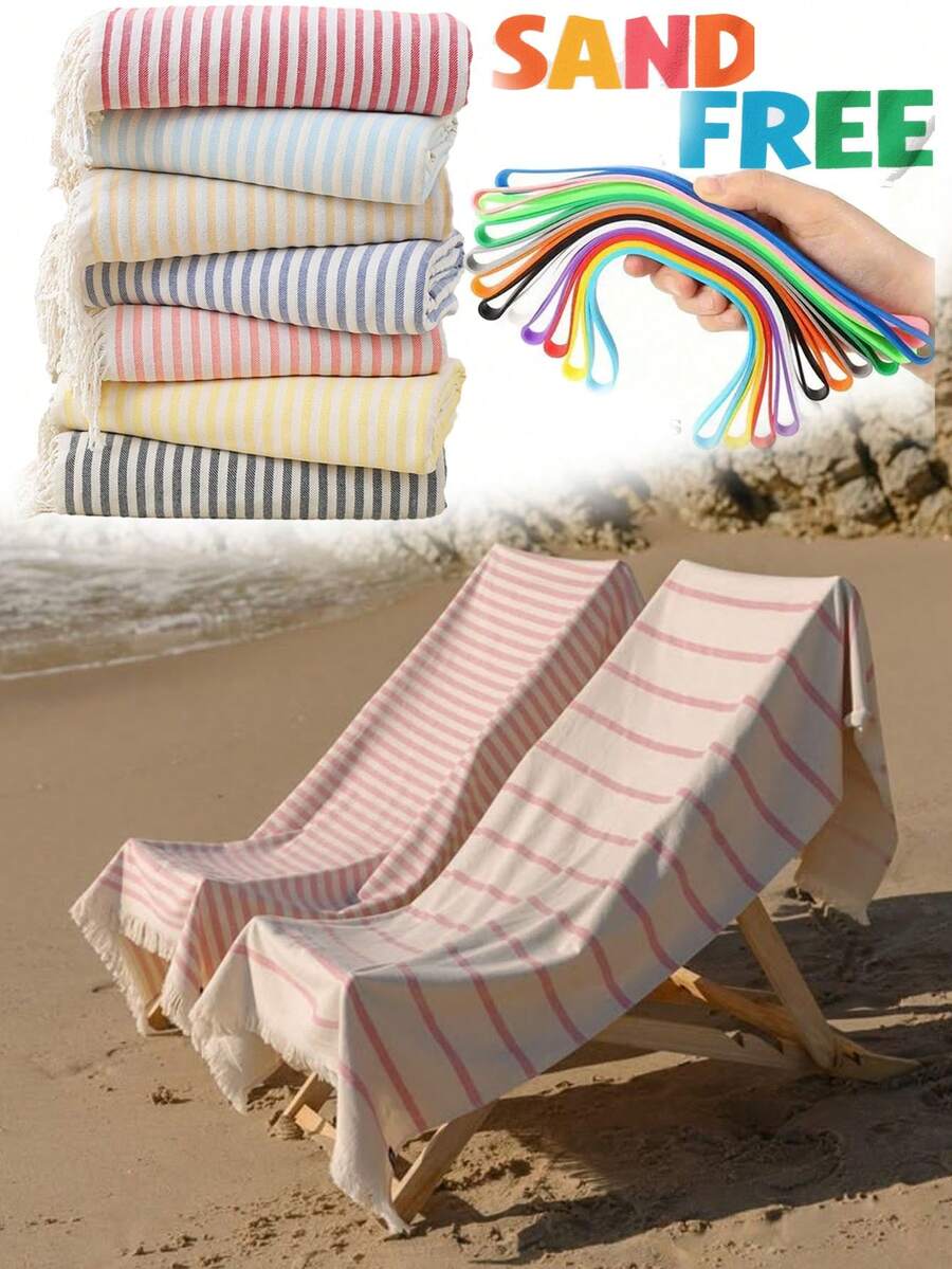 1Set 100*180cm Beach Towel Turkish Non-Sand Towel Includes Bag And Beach Towel Bands, Striped Bath Towel , Colorful Striped Beach Towel,Seaside Thin Quick Dry Bath Swim Towels ,Perfect Beach Towels-Soft-Super Absorbent Pool-Compact Lightweight,For Holiday Travel Camping Swimming Beach Sun Essential Pool Leisure Party Accessories, Beach Accessory, Vacation Gifts,Hawaiian Accessories Beach Essentials - Multicolor - View 1