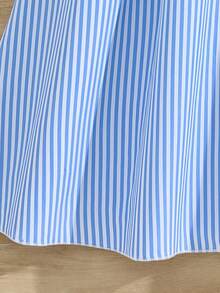 女童条纹衬衫，荷叶边下摆，无袖连衣裙，配腰带 - 藍色 - 查看 7