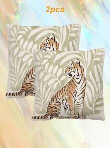 2pcs Animal Leopard & Tiger Style Forest Pattern Decorative Throw Pillow Covers, Alphabet Print Square Pillow Cases Without Filling, Cute Cushion Covers, For Sofa, Living Room