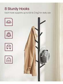 Standing Coat Rack, Solid Wood Coat Rack, Tree-Shaped Coat Rack With 8 Hooks, 3 Height Options, For Clothes, Hats, Bags, For Living Room, Bedroom, Home Office, Black - Black - View 2