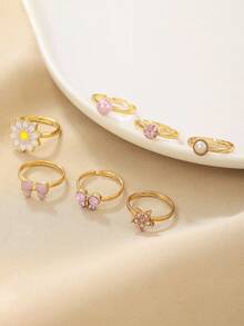 7 Pieces Teen Crown Daisy Bow Five Pointed Star Butterfly Gold Opening Gold Rings Jewelry Cheap Adjustable Rings