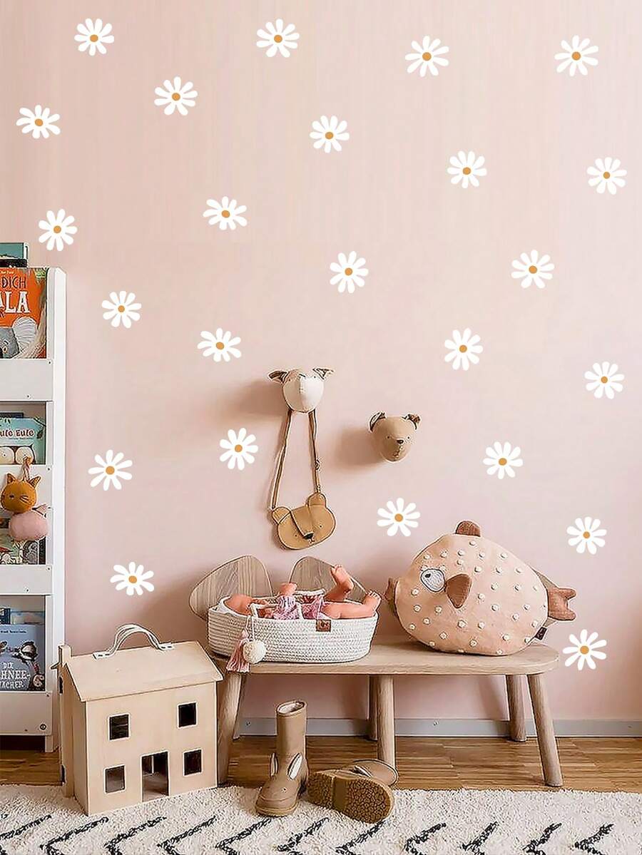 White Daisy Flower Wall Decal Floral Decoration For Nursery Kid's Room Living Room, Removable & Reusable Wall Sticker Room Decor Home Decor Wallpapers Wall Paper Wallpaper Bathroom Kitchen Stickers Wall Decor Wall Stickers - Multicolor - View 1