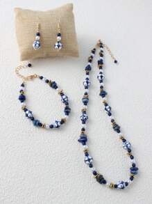 3 Stücke Vintage Keramik Schmuckset, handgefertigtes blau-weißes Porzellan mit Halskette aus Naturstein, Perlenarmband & Ohrringe, geeignet für Damen Alltags- und Festivaloutfits, Frühling/Sommer