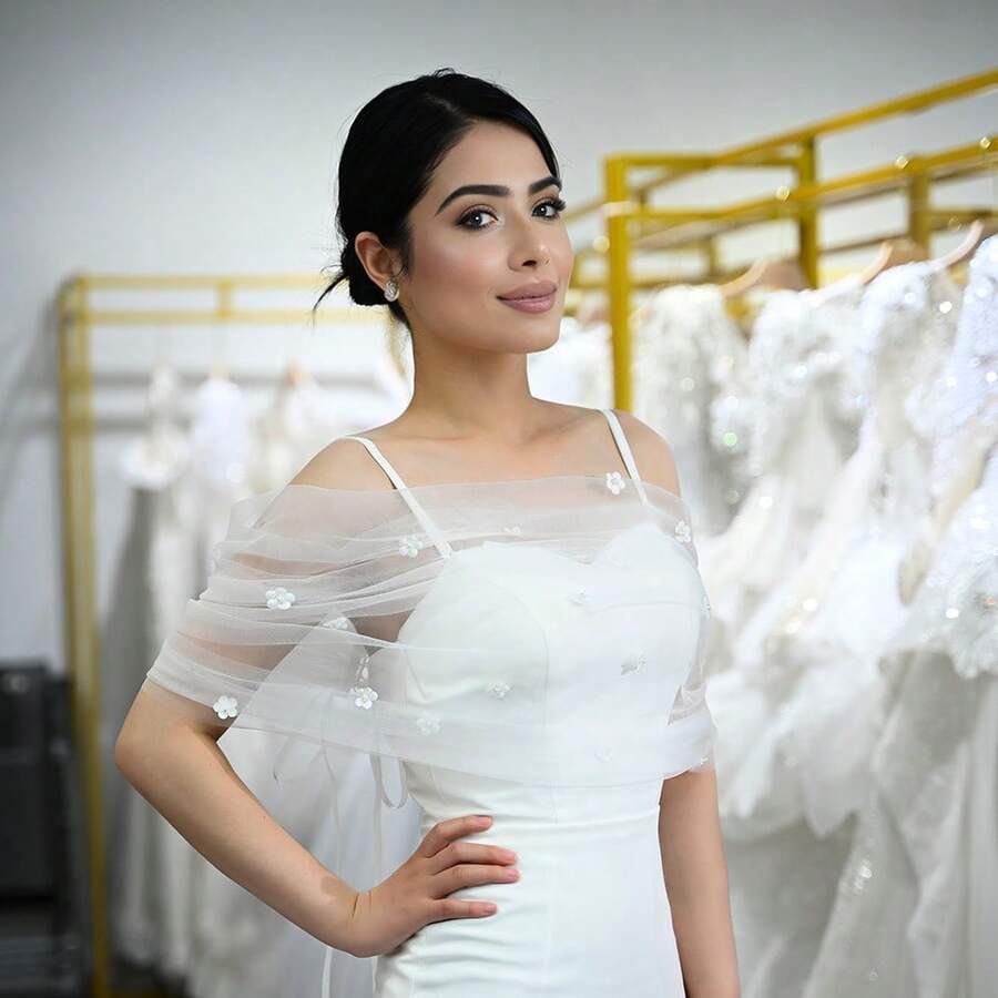 1 pieza Chal de novia con hombros descubiertos, lazo y perlas falsas, accesorio de boda para cubrir los brazos - Multicolor - Ver 1