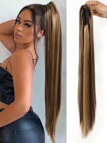 24 Inch Long Straight Ponytail Hair Extensions Synthetic Fake Pony Tails Hairpieces Clip In Ponytail Extension For Women Girls Daily - Multicolor - View 20