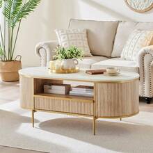 Okd Modern Luxury Fluted Coffee Table With Faux Marble Top, 48"" Oval Wood Coffee Table With Drawer & Gold Frame, Center Table - Multicolor - View 2