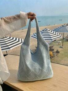 Yogodlns Breathable Crochet Large Capacity Tote Bag For Women, Girls, Summer Hollow Out Knitting Shoulder Bag, Women's Casual Lightweight Crochet Beach Handbag, Suitable For College, Outdoor, Travel, Vacation - Blue - View 5