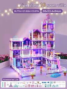 Lila Villa Puppenhaus-Set mit Leuchtfunktion (Puppe nicht enthalten), Spielhaus-Spielzeug für Jungen und Mädchen, Möbel-DIY Puppenspielset mit mehreren Räumen, Prinzessinnen-Schloss Spielzeug-Set, Weihnachts- und Neujahrsgeschenk für Mädchen - Verschiedenfarbig - Übersicht 12