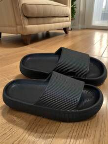 Fall/Winter Thick Sole Striped Strap Slippers, Solid Color Round Toe Casual Minimalist Indoor Outdoor Non-Slip Odor-Resistant EVA Unisex Sandals [Suggest Ordering One Size Up For More Comfort],Fluffy Slippers - Black - View 5