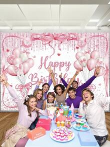 1 Stück rosa Schleife Glücklicher Geburtstag Fotografie Hintergrund mit Glitzer Punkten, Herzen, Luftballons, Party Banner 150 x 100 cm / 210 x 150 cm / 270 x 180 cm, Neugeborenen Babyparty Geburtstag Foto Hintergrund für drinnen und Outdoor, Dekorationszubehör