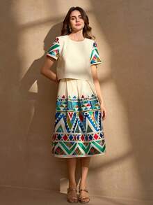 Elegant Charming Cute Jacquard Fabric Two Pieces Set, Ethnical Style Lightweight Luxury Sleeveless Top And Pleated Skirt - Multicolor - View 8