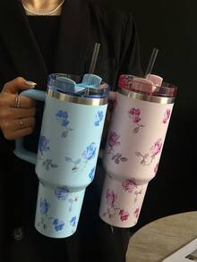 1pc 40oz/14oz Watercolor Rose Themed Vacuum Insulated Tumbler With Handle, Stainless Steel Travel Mug, Reusable Cup, Suitable For Commute, School, Office, Outdoor, Gym, Home, Gifts For Women, Teenagers, Holiday, Birthday (With Straw) - Multicolor - View 5