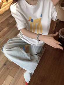 Cute Slouchy Dog Print Loose Casual Short Sleeve T-Shirt For Women, Summer White Relaxed Style - White - View 5