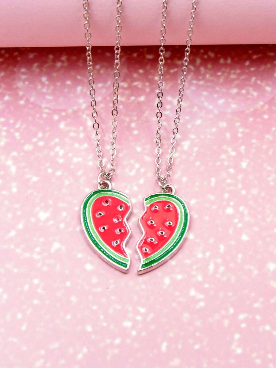 2pcs Watermelon Heart Shaped Pendant Necklaces, Best Friend Set - one-size - View 1