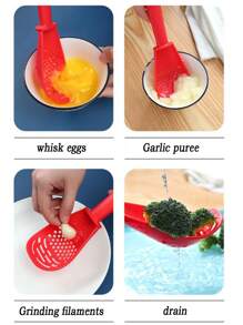 Cuchara multiusos para cocina, que sirve para moler, triturar y escurrir, además de rallar jengibre y ajo, batir huevos, separar proteínas, aplastar patatas y ser una espátula para freír