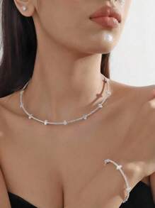 4 Peças Conjunto de Colar, Pulseira e Brincos com Pérola Francesa de Fileira Única, Zircônia, Strass, Acessórios de Vestido de Noiva e Casamento, Colar Gargantilha