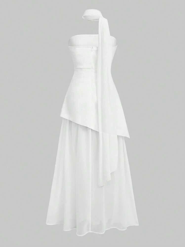 Vestido Casual Elegante Assimétrico/Assimétrico de Cor Sólida Floreya, Adequado para Encontros à Noite, Festivais, Casamentos, Aniversários, Festas Formais, Bailes de Formatura, Festas de Solteiros, Primavera/Verão - Branco - Visão 11