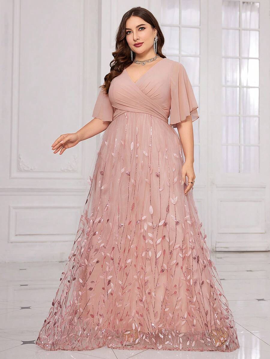 UNITHORSE 加大码 [随机剪裁] V 领荷叶袖、胸前褶皱、叶状网格图案拼布连衣裙，优雅正式晚会礼服，适合婚礼宾客、毕业典礼、晚宴派对礼服 - 藕粉色 - 查看 1