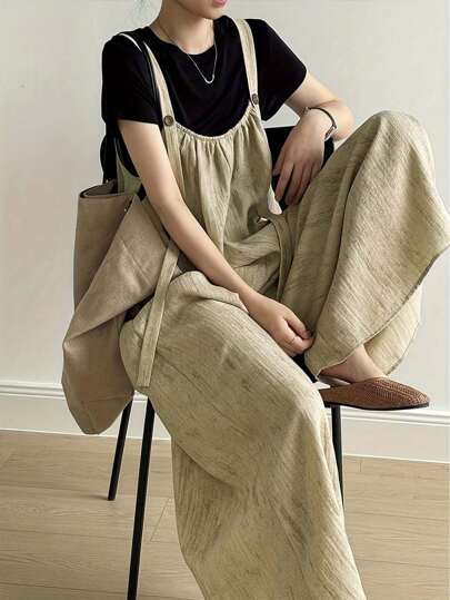 Mono de pierna ancha con diseño de bolsillo con botones, versátil para uso casual, vacaciones, viajes diarios y uso cotidiano para mujeres