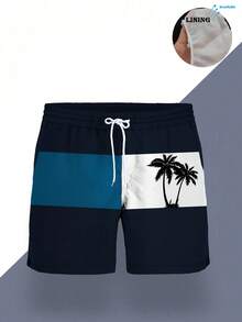 男士夏季印花图案抽绳腰侧袋夏威夷透气双层网眼衬里短裤，撞色椰子树3D艺术印花，时尚休闲沙滩度假泳裤 - 彩色 - 查看 3