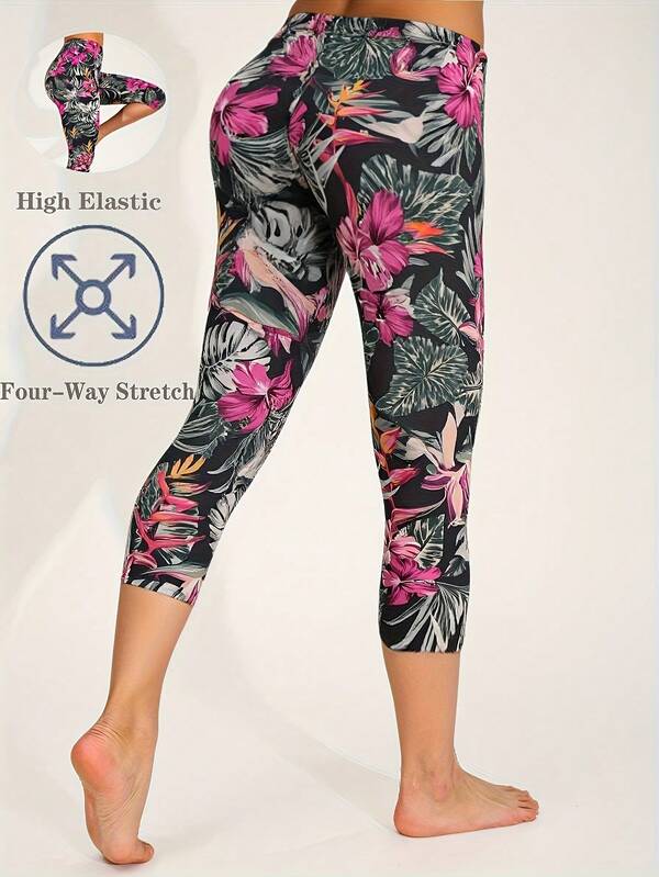 سروال ضيق من النساء بطبعة نباتات استوائية ، بانت يوجا مرنة عالية بطول 7/8، بنطلون مطبوع بالكامل بتصميم ضيق مناسب للرياضات المختلفة، الترفيه اليومي، الإجازات، صالة اليوجا، الخارجي